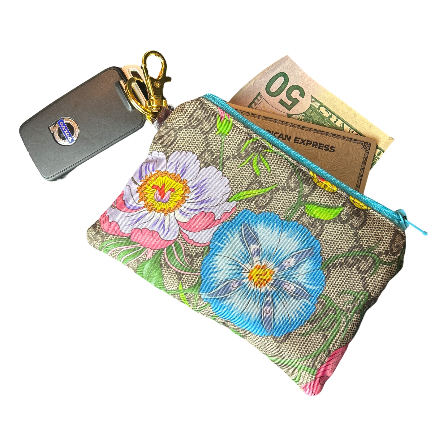 GG Logo Flora   Silk Scarf Coffee Run Keychain Bag