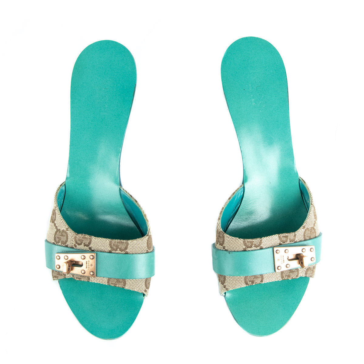 Gucci Turquoise & GG Canvas Slide Sandals Size US 7.5 | EU 37.5