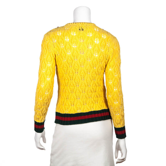 Gucci Yellow Wool Rose Embroidered Mink Pom Pom Crochet Cardigan Size XS