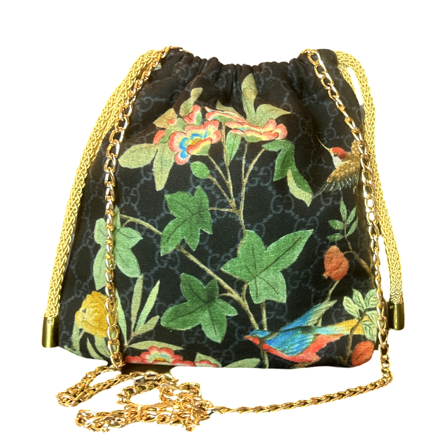 GG Logo Chinoiserie Noir   Scarf Drawstring Crossbody Bag