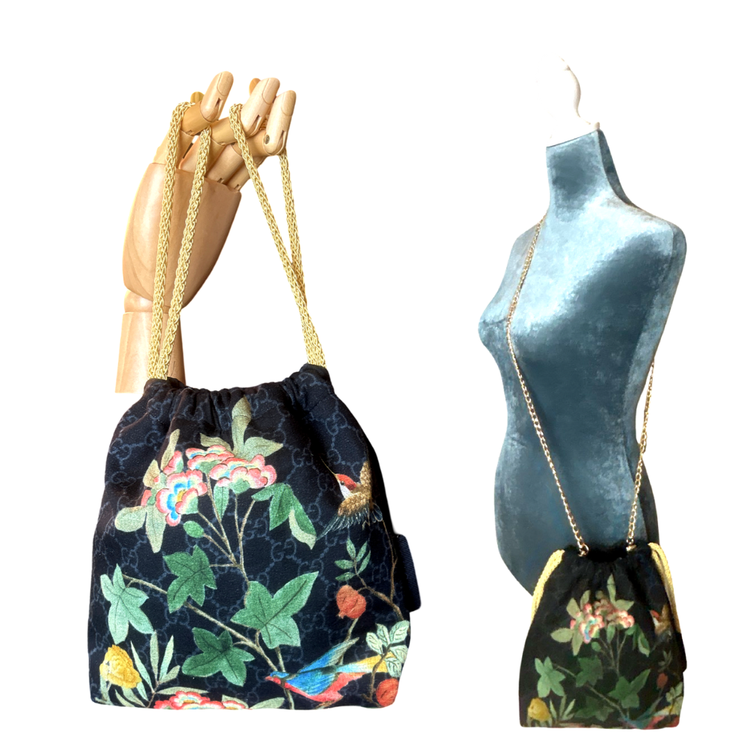 GG Logo Chinoiserie Noir   Scarf Drawstring Crossbody Bag