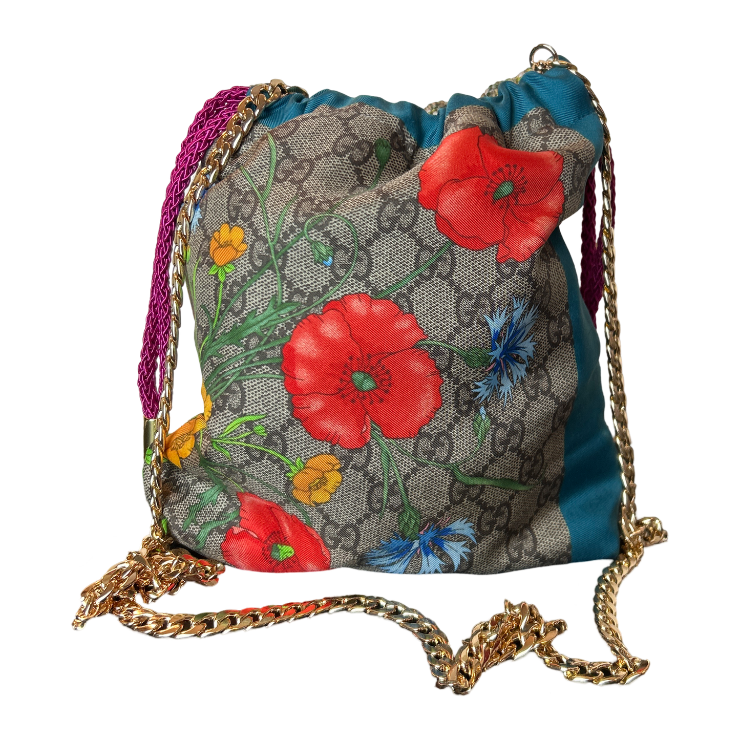 GG Logo Flora   Scarf Drawstring Crossbody Bag
