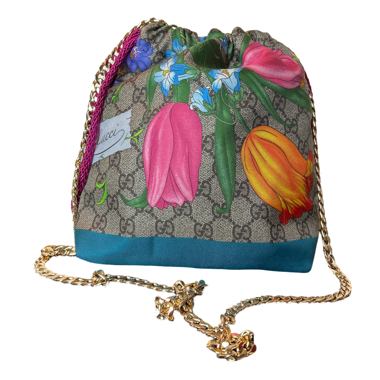 GG Logo Flora   Scarf Drawstring Crossbody Bag