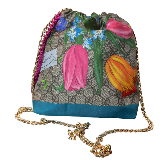 GG Logo Flora   Scarf Drawstring Crossbody Bag