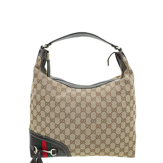 Gucci Bicolor GG Canvas Horsebit Tassel Hobo Bag