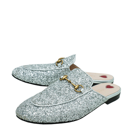 Gucci Silver Glitter Princetown Mules 39.5