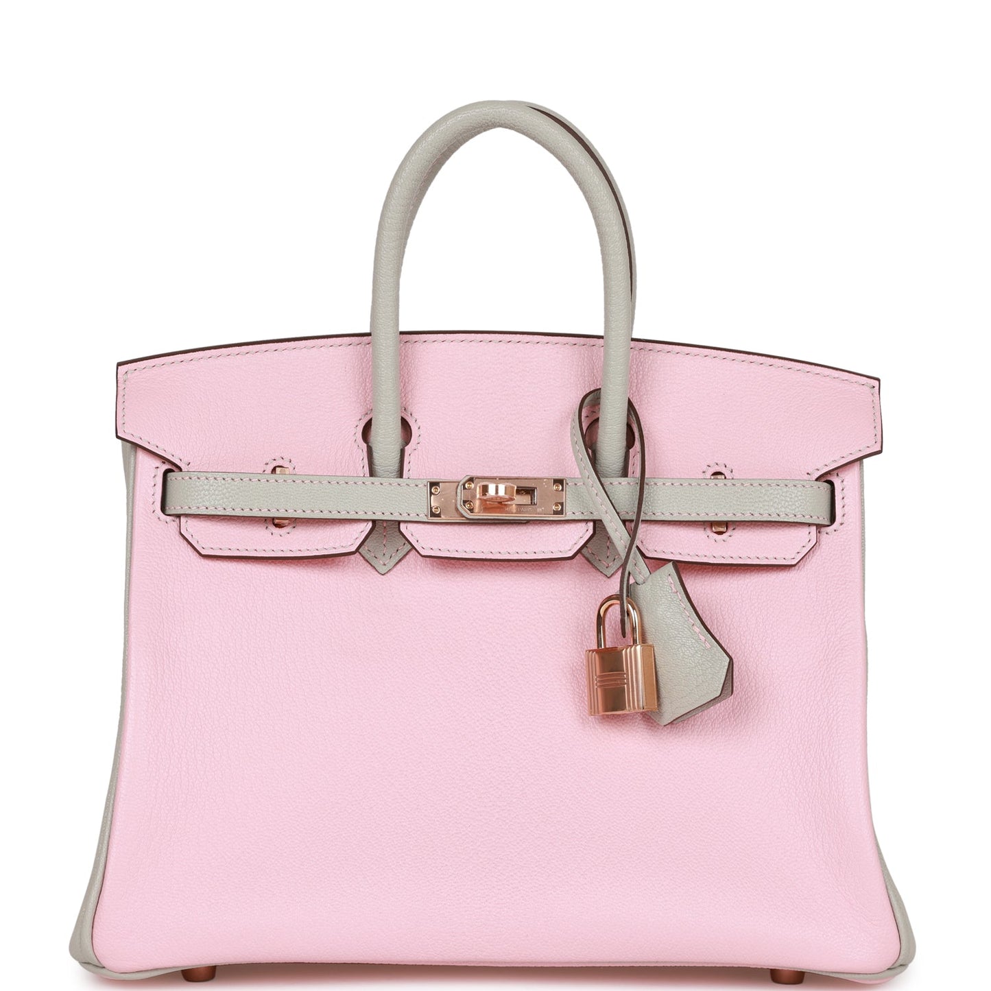 Luxury Hermes Birkin 25 HSS Rose Sakura and Gris Perle Chevre Mysore Rose Gold Hardware