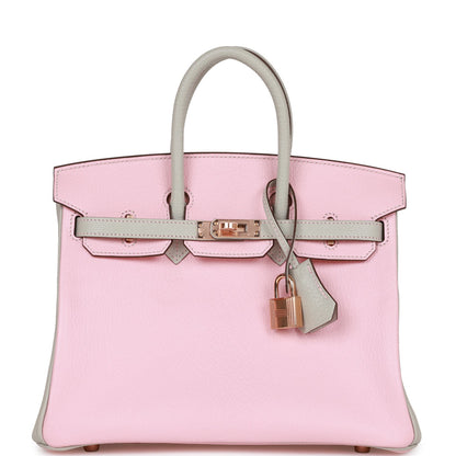 Luxury Hermes Birkin 25 HSS Rose Sakura and Gris Perle Chevre Mysore Rose Gold Hardware