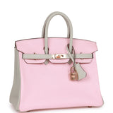 Luxury Hermes Birkin 25 HSS Rose Sakura and Gris Perle Chevre Mysore Rose Gold Hardware