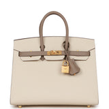 Hermes Birkin 25 Sellier Craie and Gris Asphalte Epsom Brushed Gold Hardware
