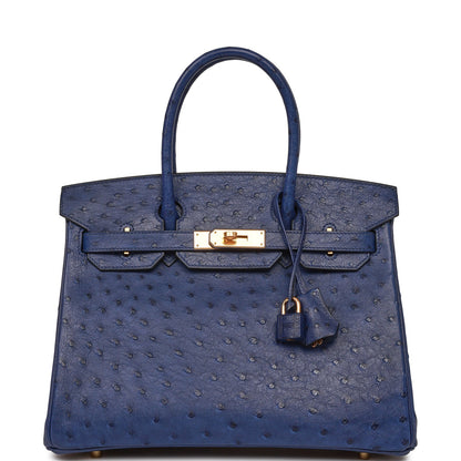 Luxury Hermes Birkin 30 Bleu Saphir Ostrich Gold Hardware