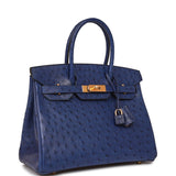 Luxury Hermes Birkin 30 Bleu Saphir Ostrich Gold Hardware