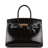Hermes Birkin 30 Sellier Black Shiny Porosus Crocodile Gold Hardware