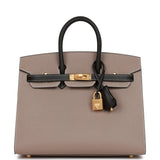 Hermes Birkin 25 Sellier Etoupe and Black Epsom Brushed Gold Hardware