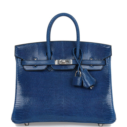 Luxury Hermes Birkin 25 Bleu Saphir Lizard Palladium Hardware