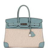 Hermes Birkin 35 Ciel Clemence and Ecru-Beige Toile H Palladium Hardware