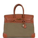 Hermes Birkin 35 Gold Courchevel and Olive Toile H Gold Hardware