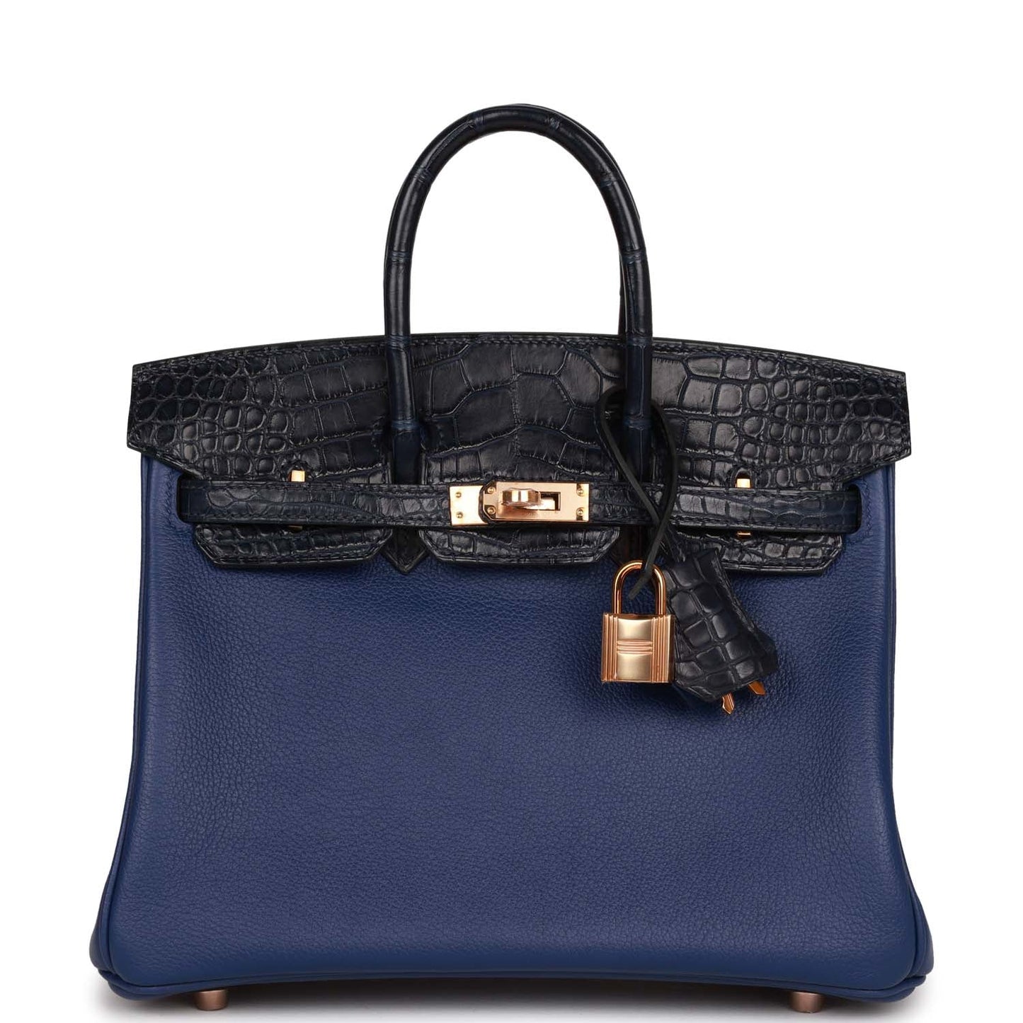 Luxury Hermes Birkin 25 Bleu Marine Matte Alligator and Bleu Saphir Novillo Touch Rose Gold Hardware