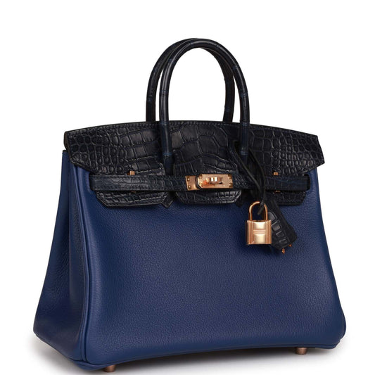 Luxury Hermes Birkin 25 Bleu Marine Matte Alligator and Bleu Saphir Novillo Touch Rose Gold Hardware