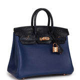 Luxury Hermes Birkin 25 Bleu Marine Matte Alligator and Bleu Saphir Novillo Touch Rose Gold Hardware