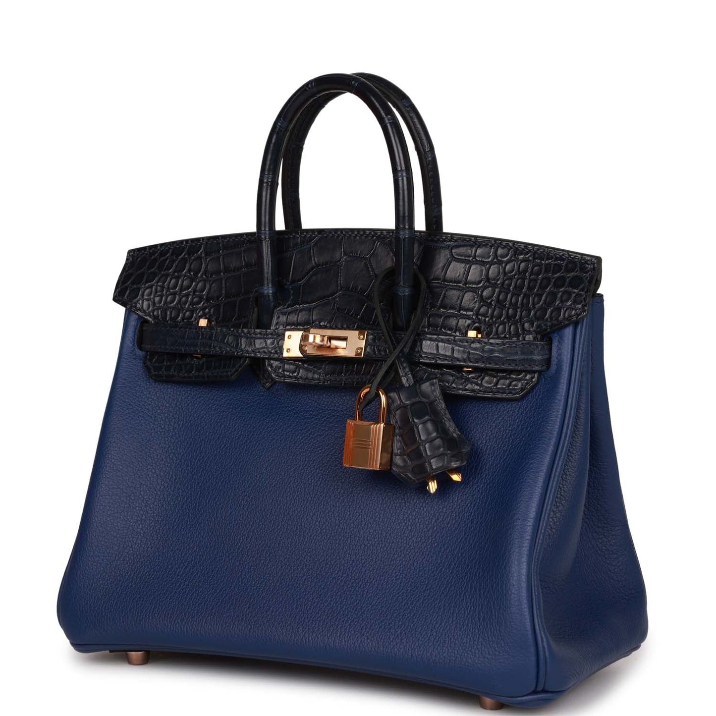 Luxury Hermes Birkin 25 Bleu Marine Matte Alligator and Bleu Saphir Novillo Touch Rose Gold Hardware