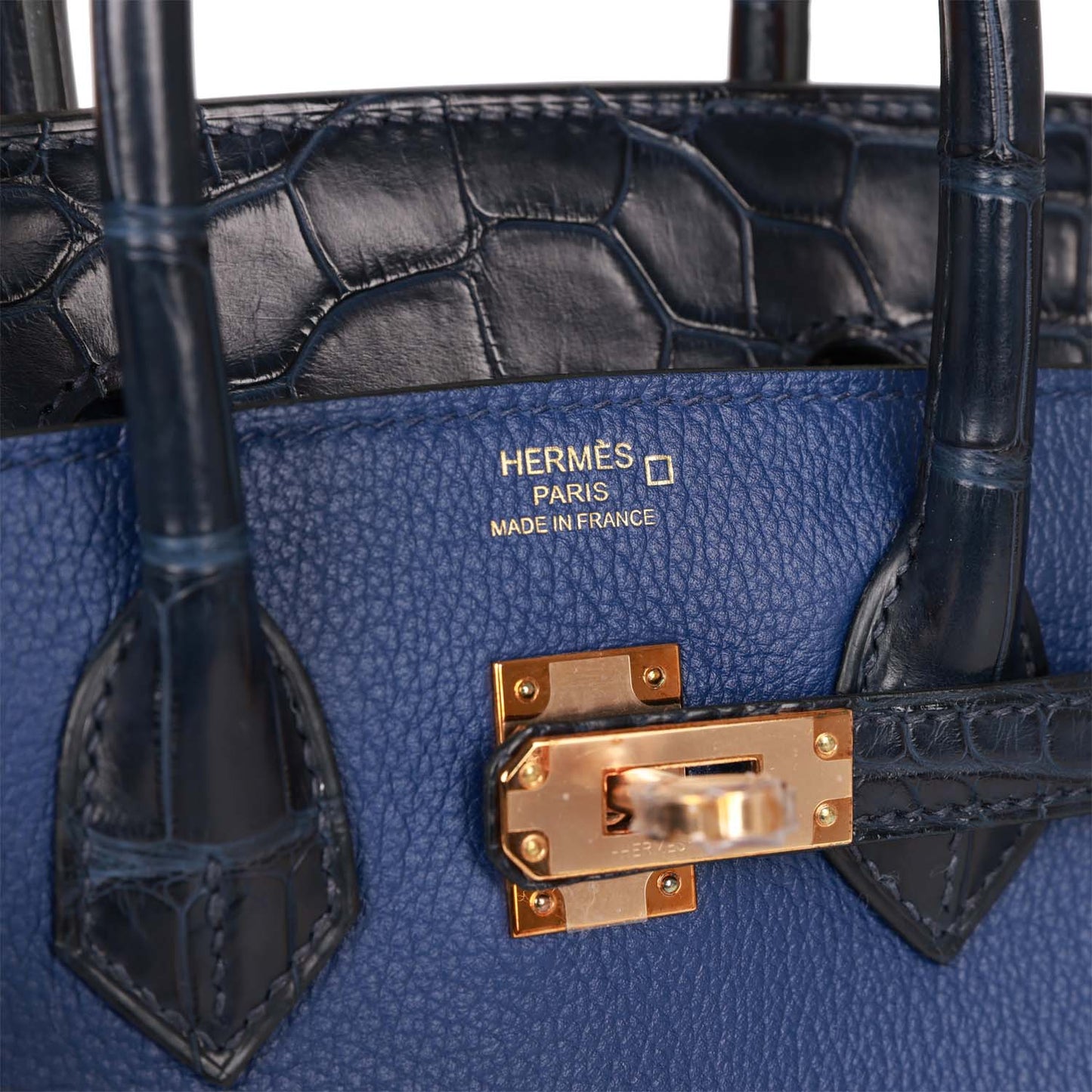 Luxury Hermes Birkin 25 Bleu Marine Matte Alligator and Bleu Saphir Novillo Touch Rose Gold Hardware
