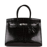 Hermes Birkin 30 Sellier Black Shiny Porosus Crocodile Palladium Hardware