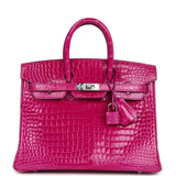 Hermes Birkin 25 Rose Scheherazade Shiny Porosus Crocodile Palladium Hardware