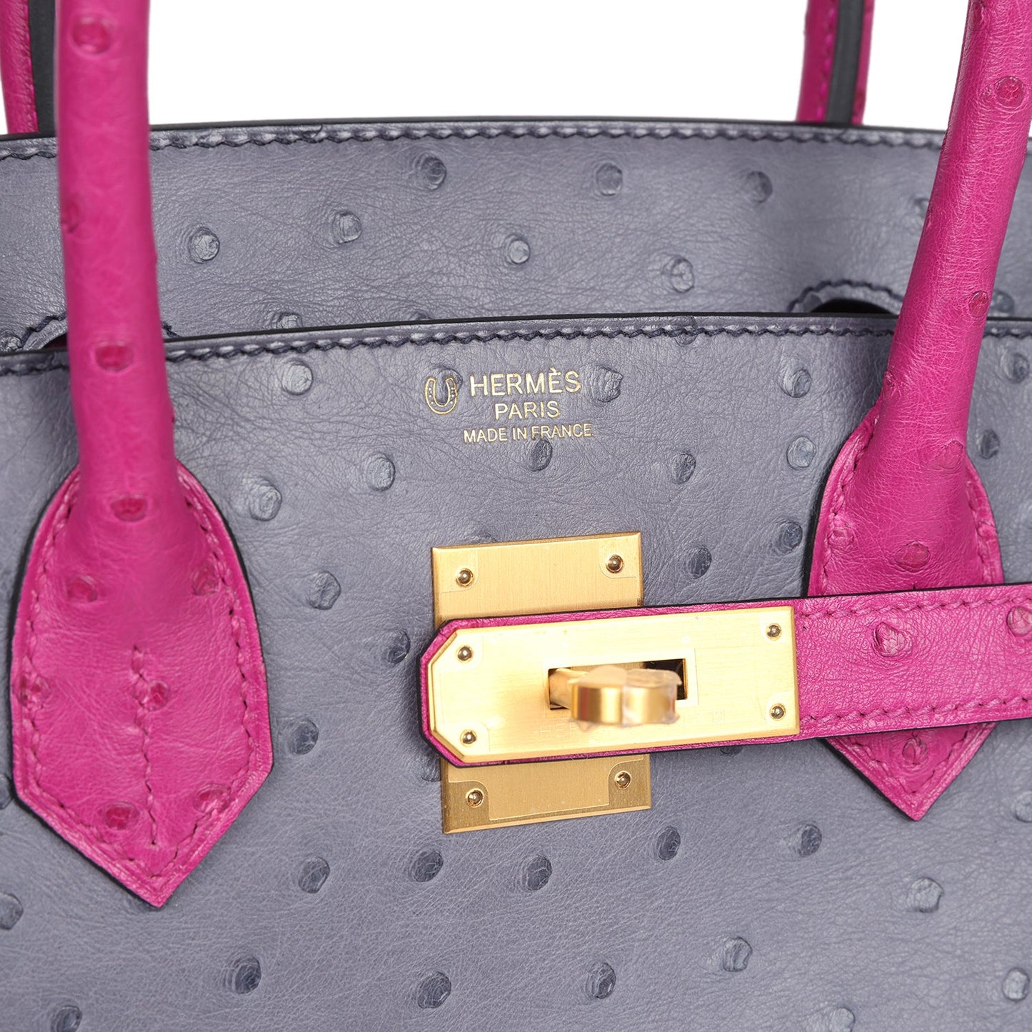 Pre-owned Hermes Special Order (HSS) Birkin 30 Rose Pourpre and Gris Agate Ostrich Brushed Gold Hardware