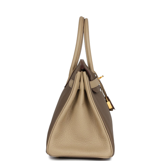 Hermes Special Order (HSS) Birkin 30 Bi-Color Gris Tourterelle and Etoupe Clemence Brushed Gold Hardware