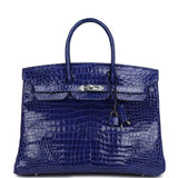 Hermes Birkin 35 Bleu Electric Shiny Porosus Crocodile Palladium Hardware