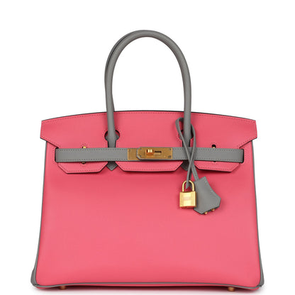 Pre-owned Hermes Special Order (HSS) Birkin 30 Rose Azalee and Gris Mouette Epsom Brushed Gold Hardware