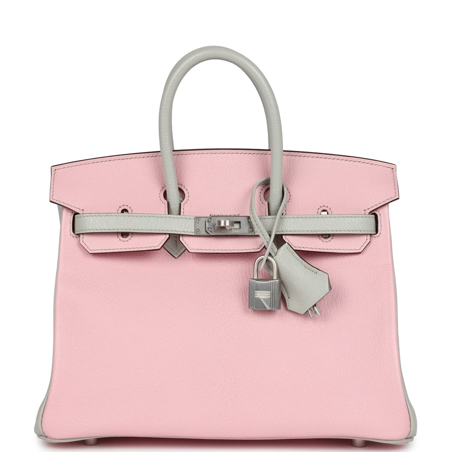 Hermes Special Order (HSS) Birkin 25 Rose Sakura and Gris Perle Chevre Mysore Brushed Palladium Hardware