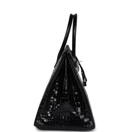 Hermes Birkin 35 Black Shiny Porosus Crocodile 18K White Gold Diamond Hardware