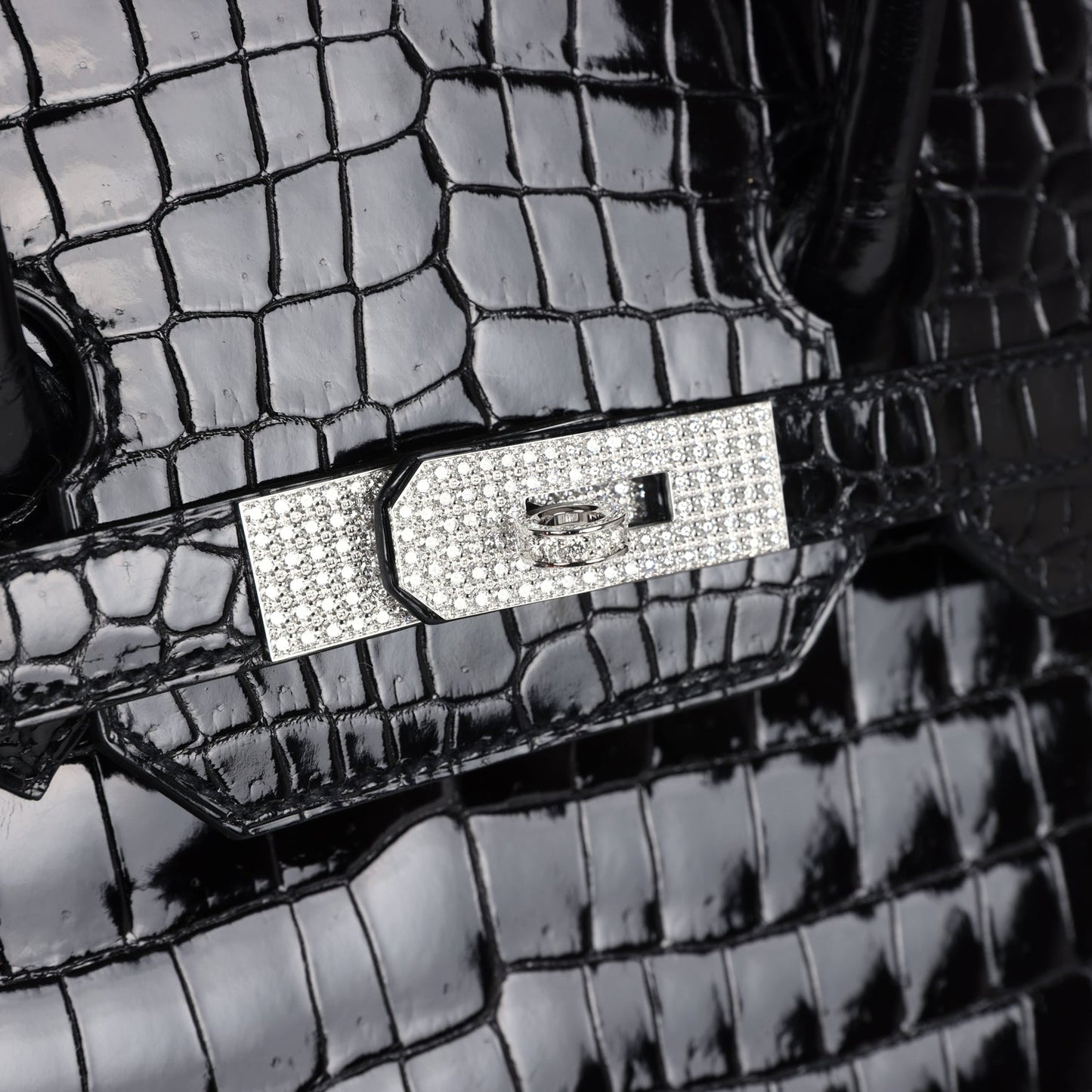 Hermes Birkin 35 Black Shiny Porosus Crocodile 18K White Gold Diamond Hardware