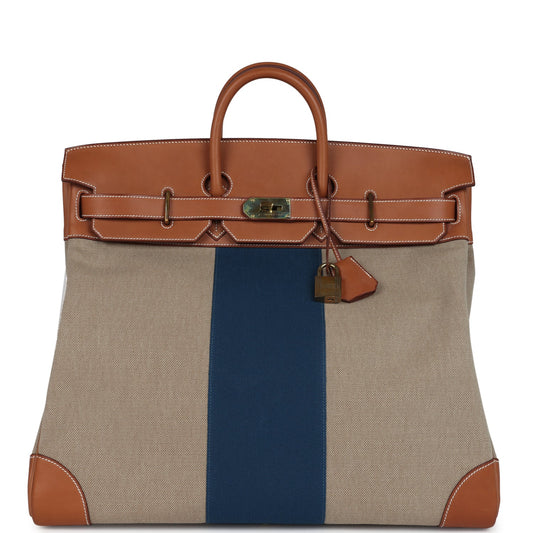 Hermes Birkin HAC 50 Flag Ficelle Toile H, Fauve Barenia and Bleu Toile H Canvas Gold Hardware
