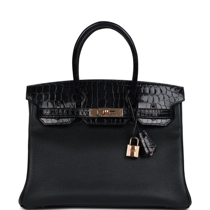 Hermes Birkin 30 Black Shiny Niloticus Crocodile and Novillo Touch Rose Gold Hardware