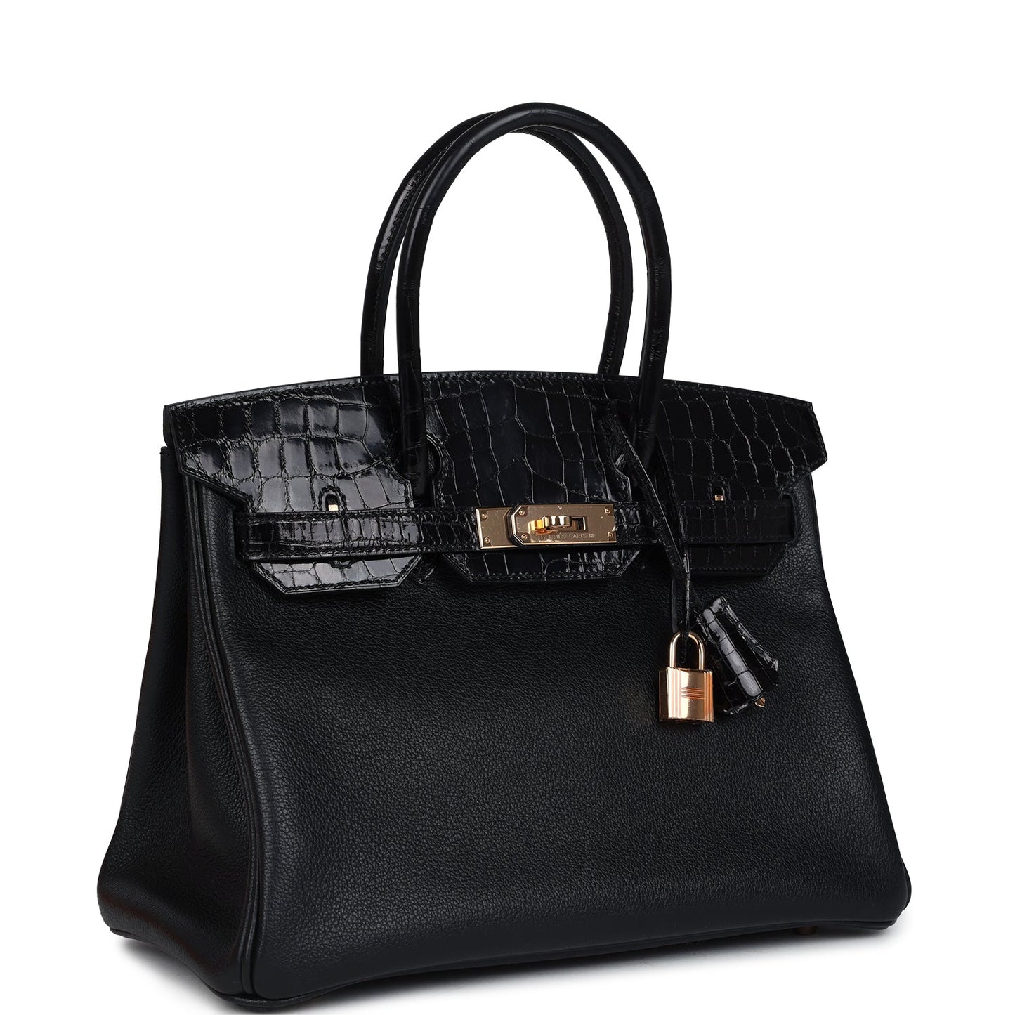 Hermes Birkin 30 Black Shiny Niloticus Crocodile and Novillo Touch Rose Gold Hardware
