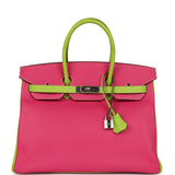 Hermes Special Order (HSS) Birkin 35 Rose Tyrien and Kiwi Epsom Palladium Hardware