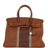 Hermes Birkin Club 35 Gold and Marron d'Inde Clemence and Ficelle Lizard Permabrass Hardware