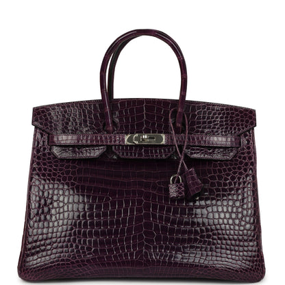Hermes Birkin 35 Amethyst Shiny Porosus Crocodile Palladium Hardware