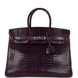 Hermes Birkin 35 Amethyst Shiny Porosus Crocodile Palladium Hardware