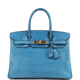 Hermes Birkin 30 Bleu Mykonos Matte Alligator Gold Hardware