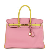 Hermes Special Order (HSS) Birkin 35 5P Bubblegum and Lime Swift Gold Hardware