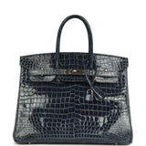 Hermes Birkin 35 Bleu Abysse Shiny Porosus Crocodile Palladium Hardware