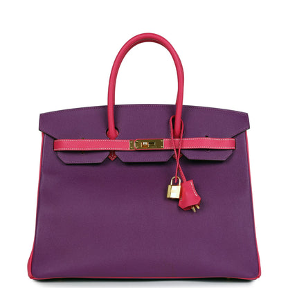 Hermes Special Order (HSS) Birkin 35 Rose Tyrien and Violet Epsom Gold Hardware