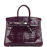 Hermes Birkin 35 Amethyst Shiny Porosus Crocodile Palladium Hardware
