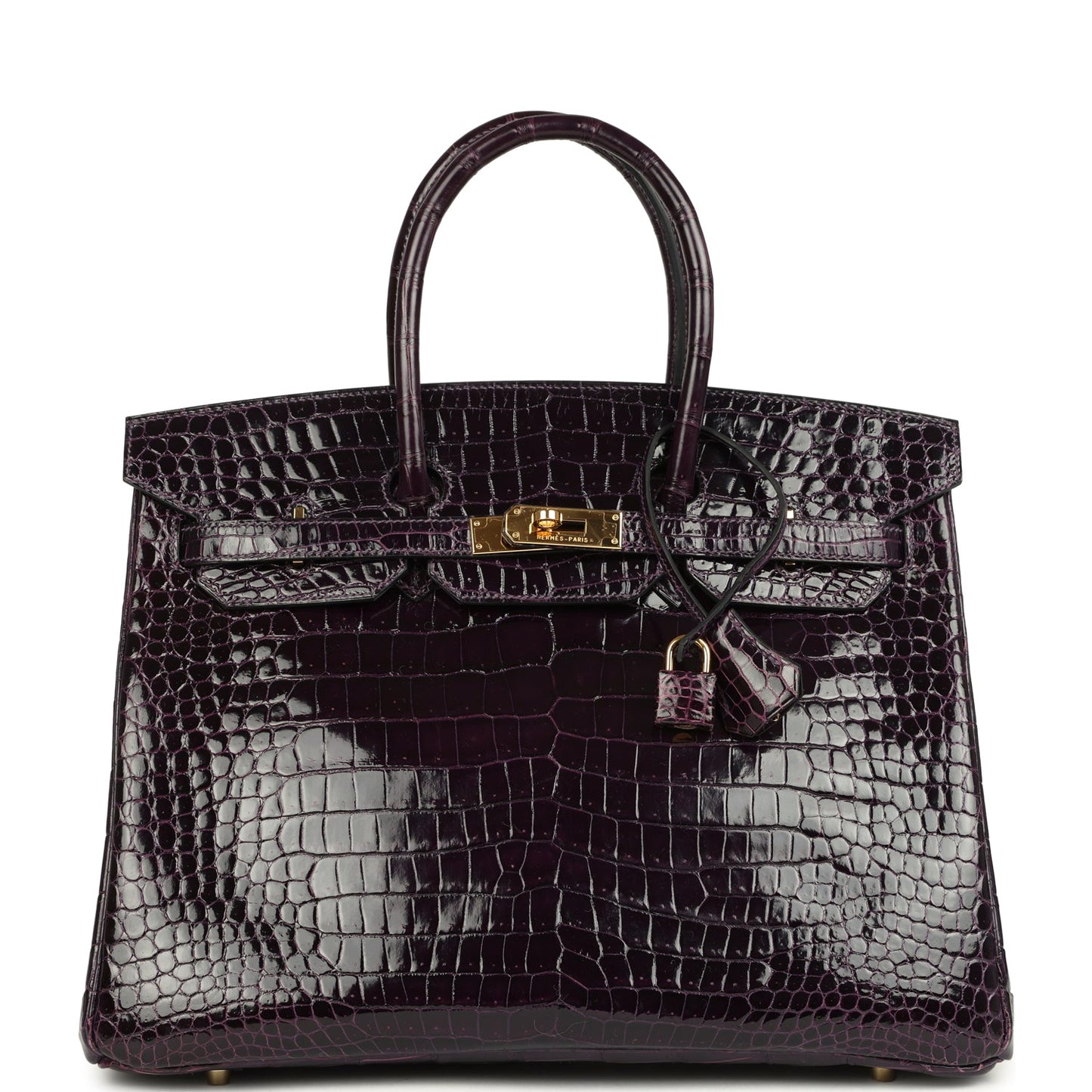 Hermes Birkin 35 Amethyst Shiny Porosus Crocodile Gold Hardware