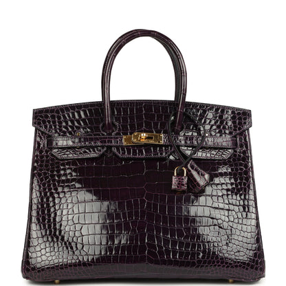 Hermes Birkin 35 Amethyst Shiny Porosus Crocodile Gold Hardware