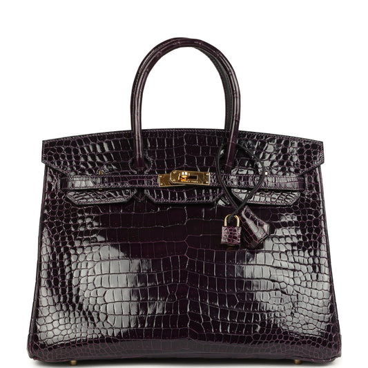 Hermes Birkin 35 Amethyst Shiny Porosus Crocodile Gold Hardware